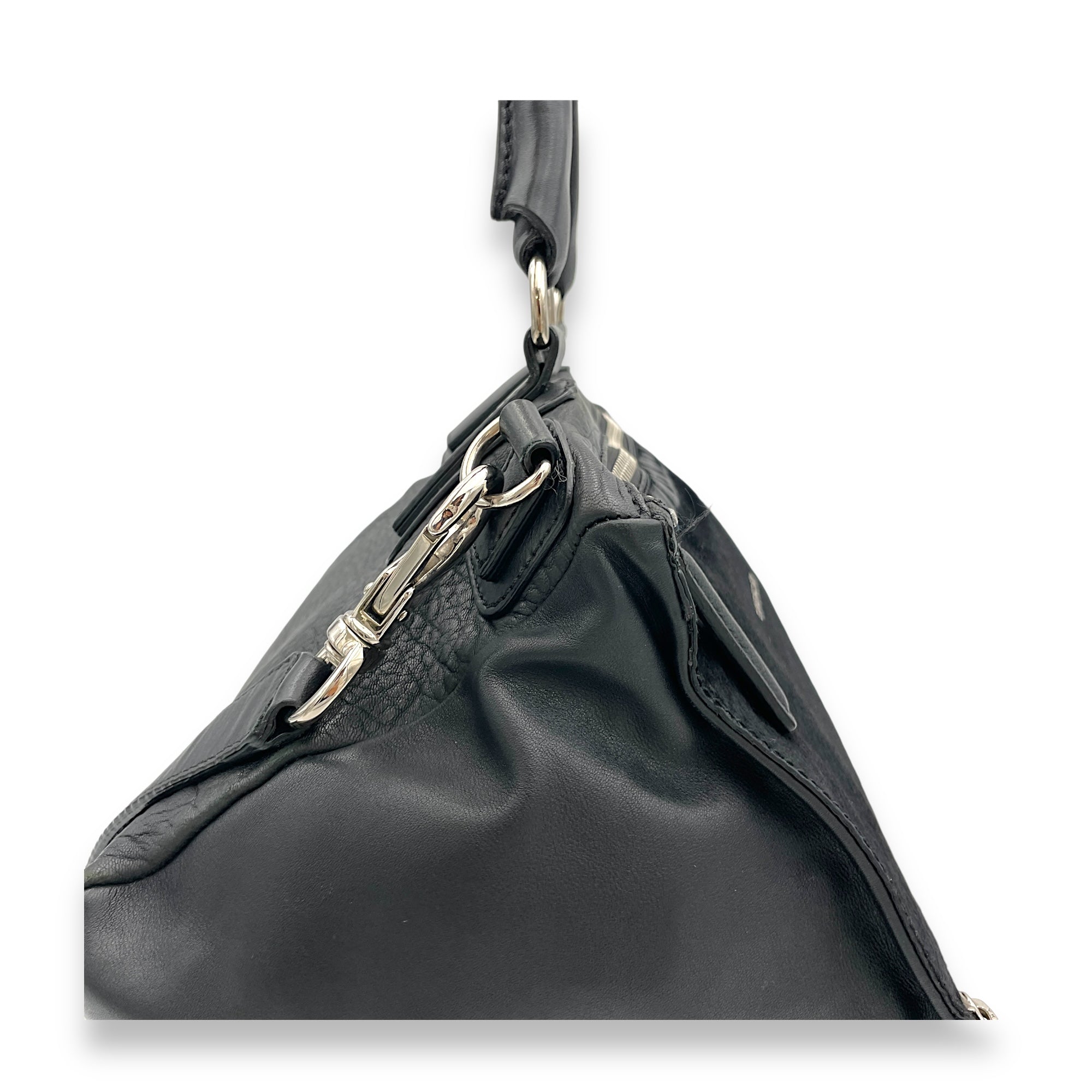 Pandora Medium Black Shoulder Bag in Ponyhair Lambskin, Silver hardware