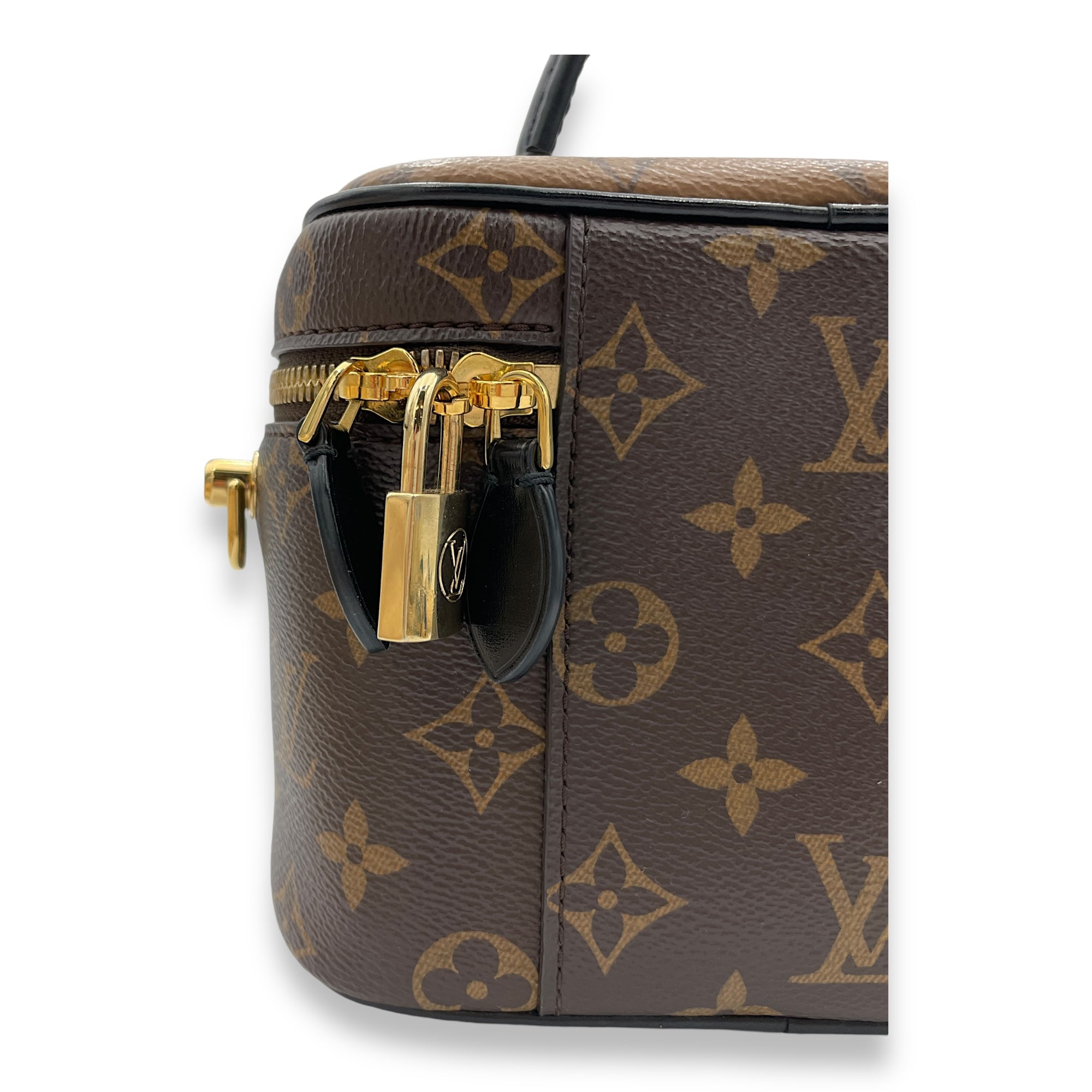 Reverse Vanity PM Brown Top Handle Bag in Monogram Coated Canvas, Gold hardware