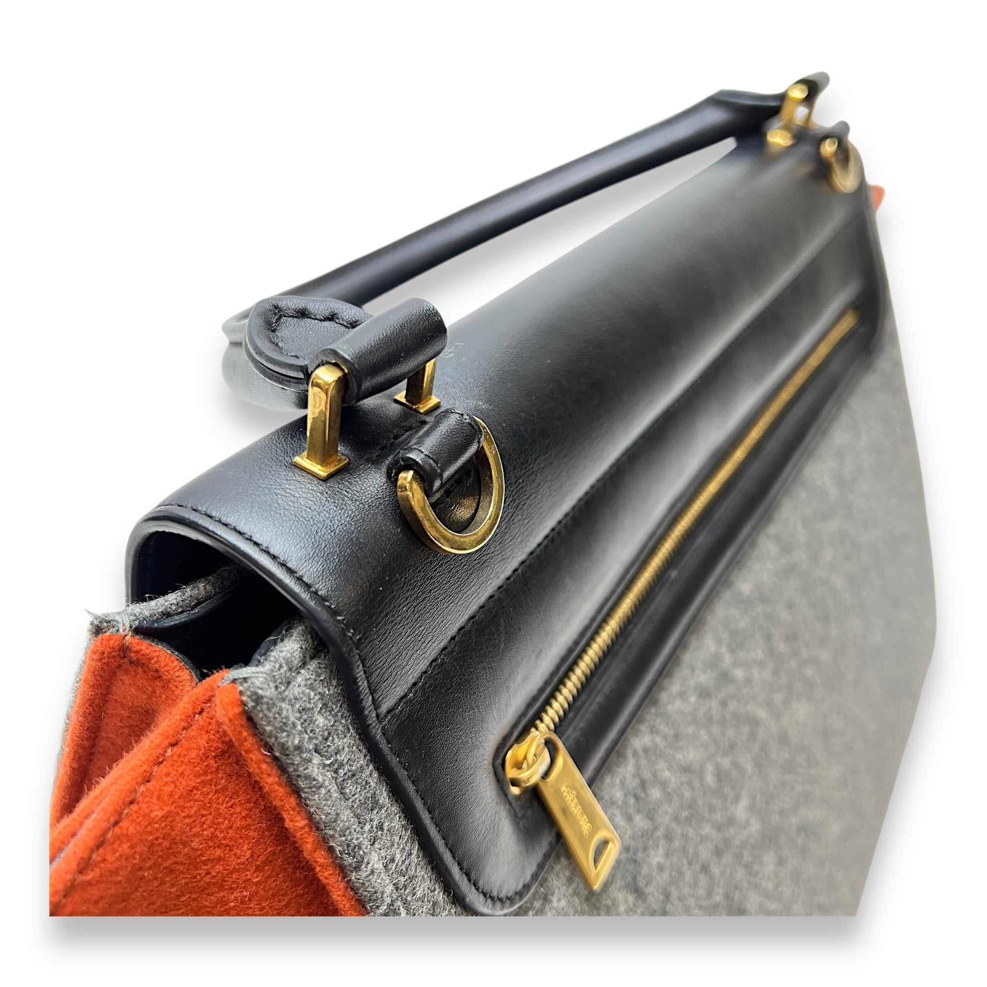 Trapeze Medium Grey Top Handle Bag in Felt Fabric, Gold hardware