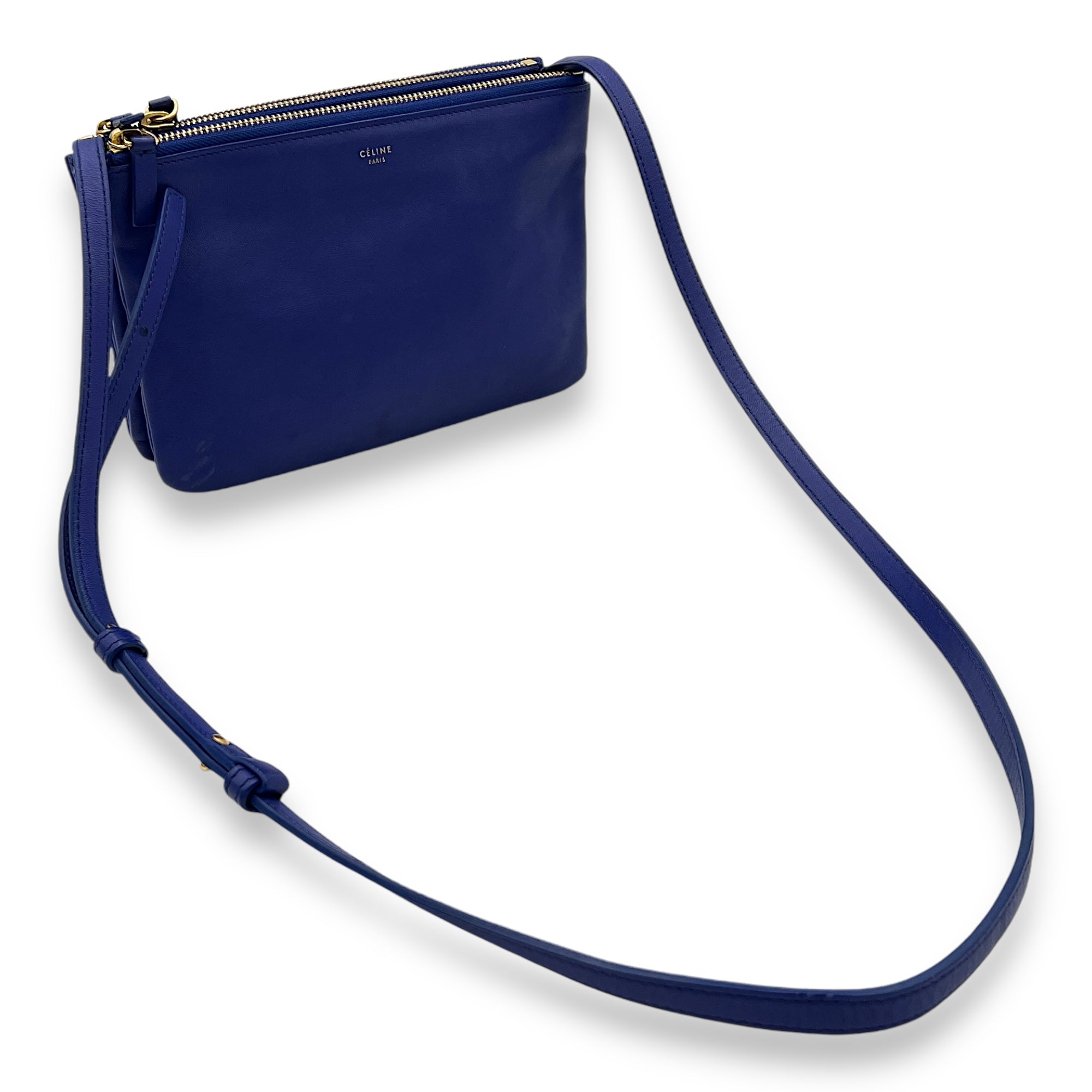 Trio Small Blue Crossbody Bag in Lambskin, Gold hardware