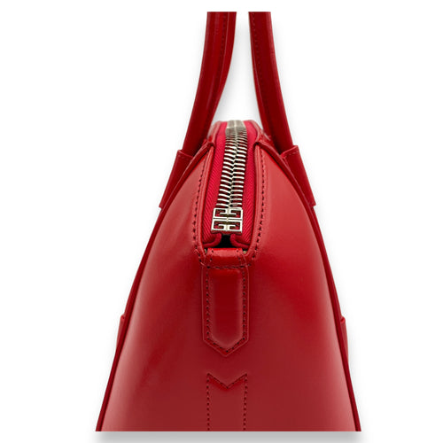 Lock Antigona Small Red Top Handle Bag in Calfskin, Silver hardware