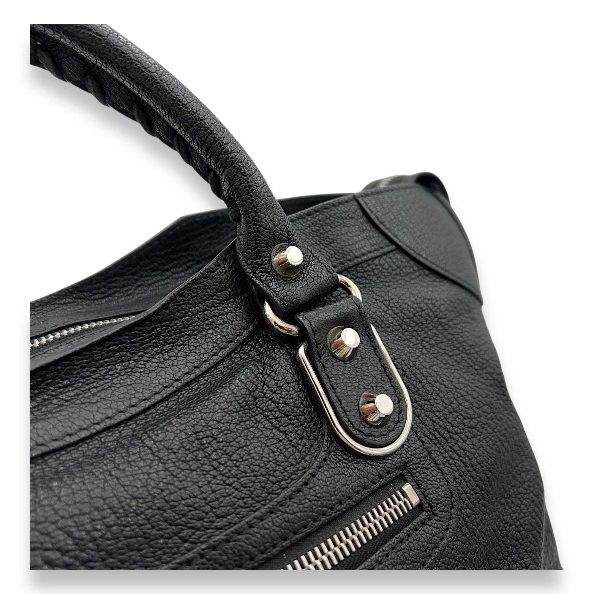 Metallic Edge City Top Handle Bag Black in Goat Leather, Silver hardware