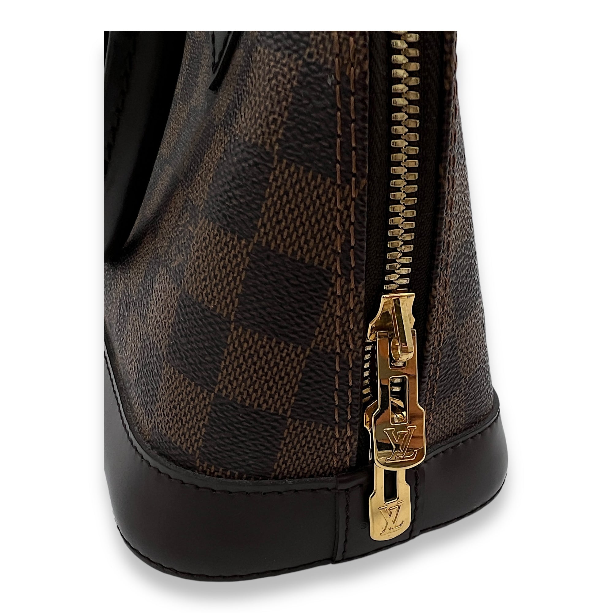 Alma BB Damier Ebene Top Handle Bag in Coated Canvas, Gold hardware