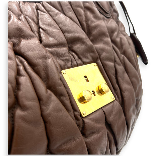 Matelassé Brown Top Handle Bag in Calfskin, Gold hardware