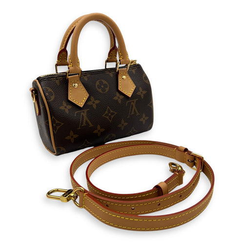 Speedy Bandouliere Nano Brown Top Handle Bag in Monogram Coated Canvas, Gold hardware