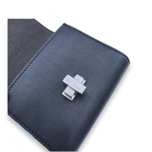 Flap Compact Black Card Holder in Calfskin, Silver hardware