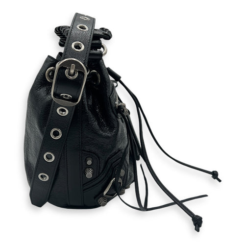 Le Cagole XS Black Bucket Bag in Lambskin, Silver hardware