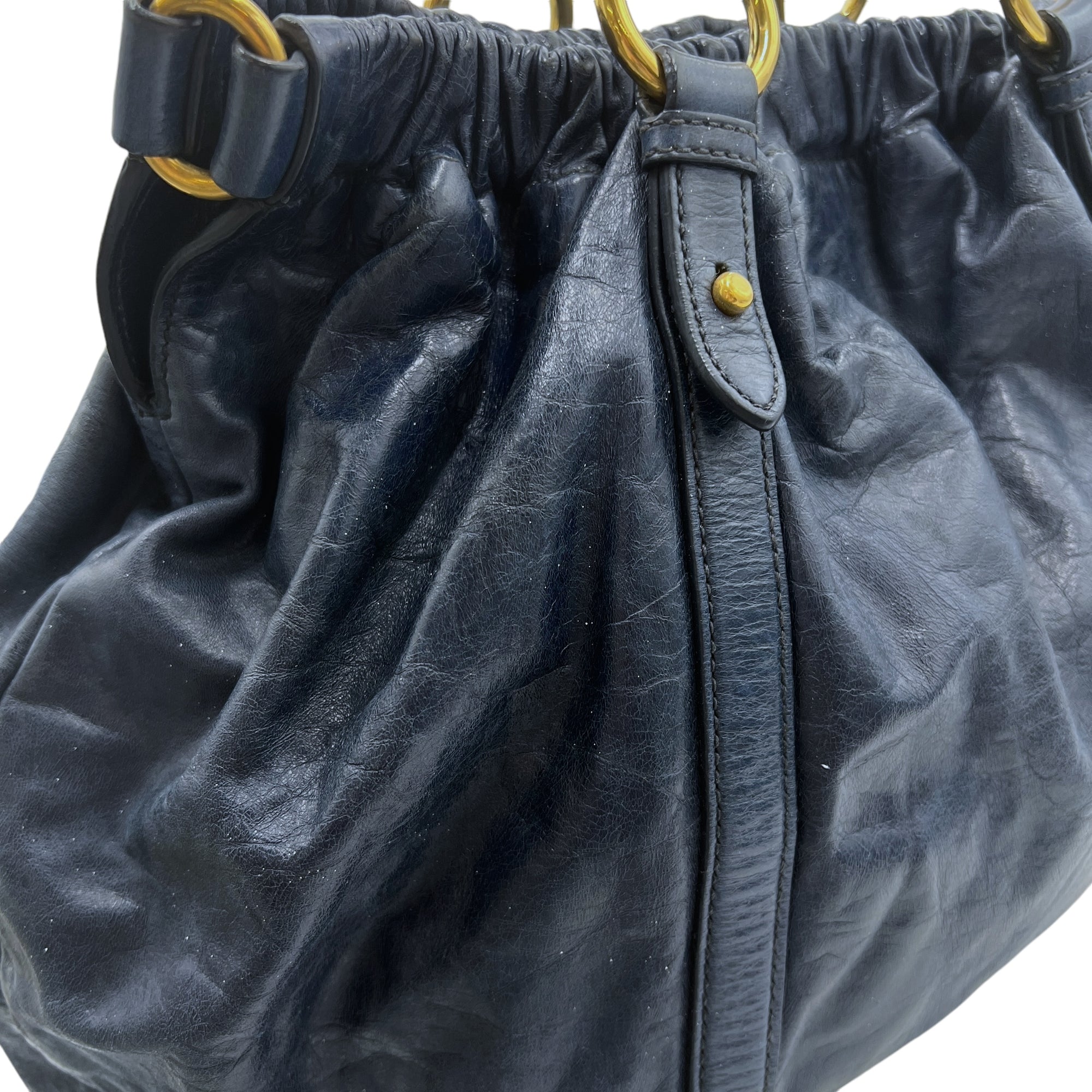 Vitello Lux Blue Top Handle Bag in Distressed Leather, Gold hardware