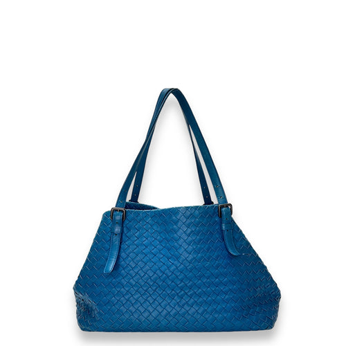 Intrecciato Blue Tote Bag in Lambskin, Ruthenium hardware