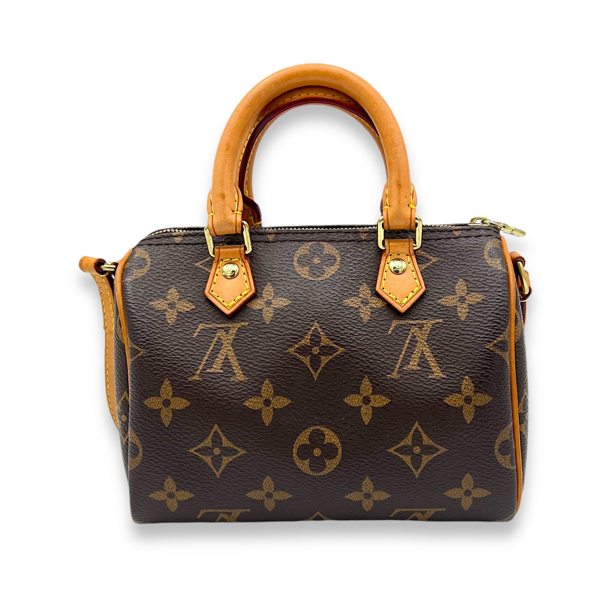 Speedy Bandouliere Nano Brown Top Handle Bag in Monogram Coated Canvas, Gold hardware