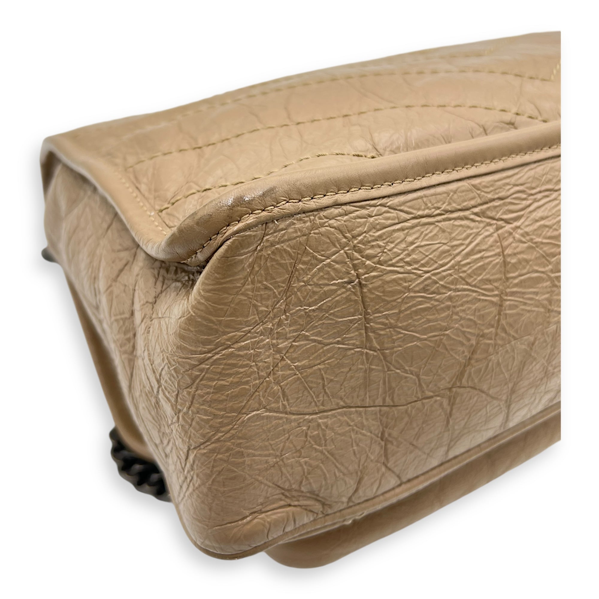 Niki Shoulder Bag Beige in Distressed Leather, Ruthenium hardware