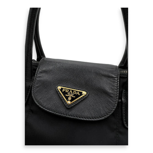 Logo Top Handle Bag Black in Nylon, Gold hardware