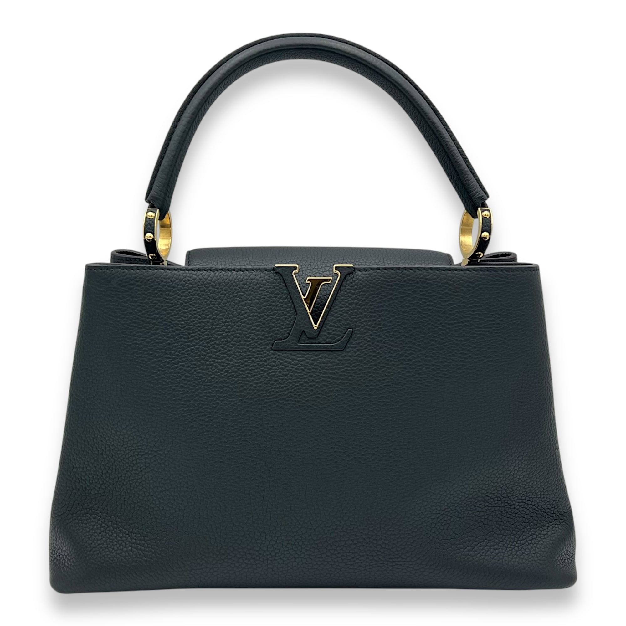 Capucines Medium Black Top Handle Bag in Calfskin, Gold hardware