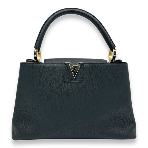 Capucines Medium Black Top Handle Bag in Calfskin, Gold hardware