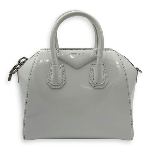 Antigona Mini White Top Handle Bag in Patent Leather, Silver hardware