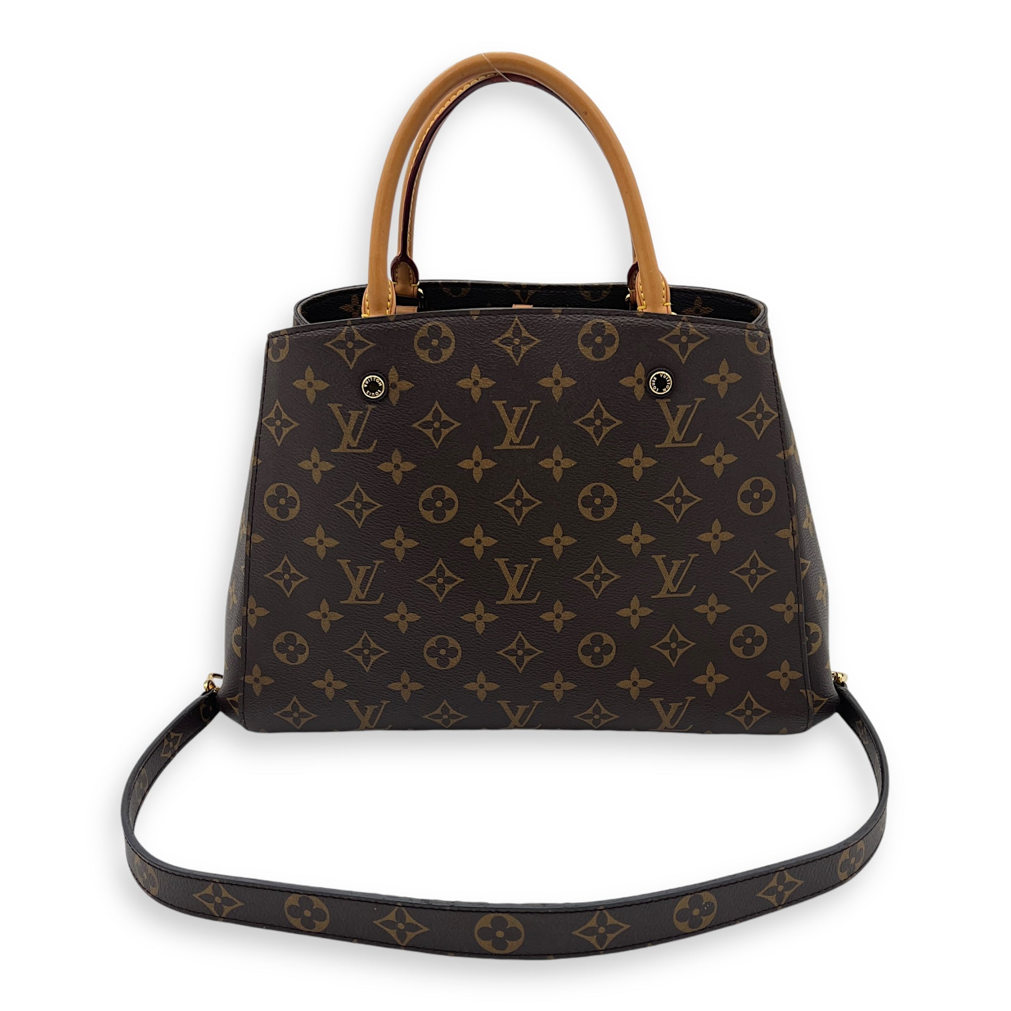 Montaigne Top Handle Bag Brown in Monogram Coated Canvas, Gold hardware