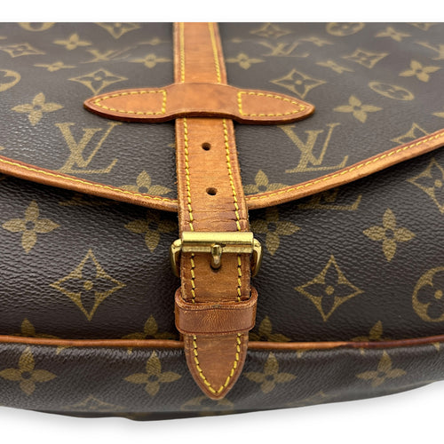 Saumur Crossbody Bag Brown in Monogram Coated Canvas, Gold hardware