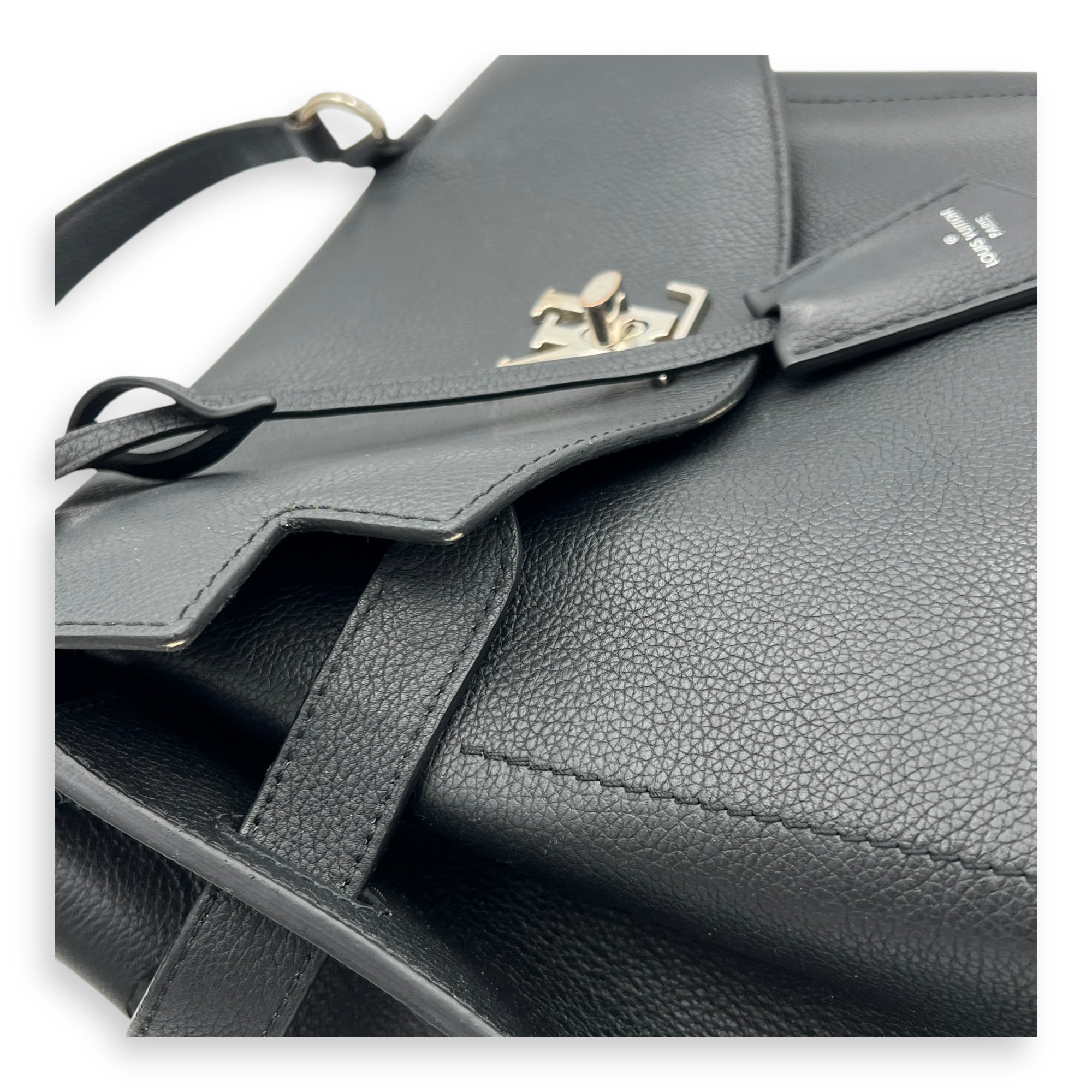 LockMe Ever MM Black Top Handle Bag in Calfskin, Silver hardware