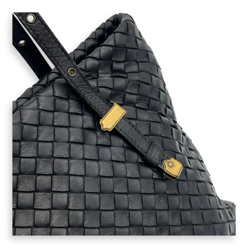 Intrecciato Tote Bag Black in Calfskin, Gold hardware