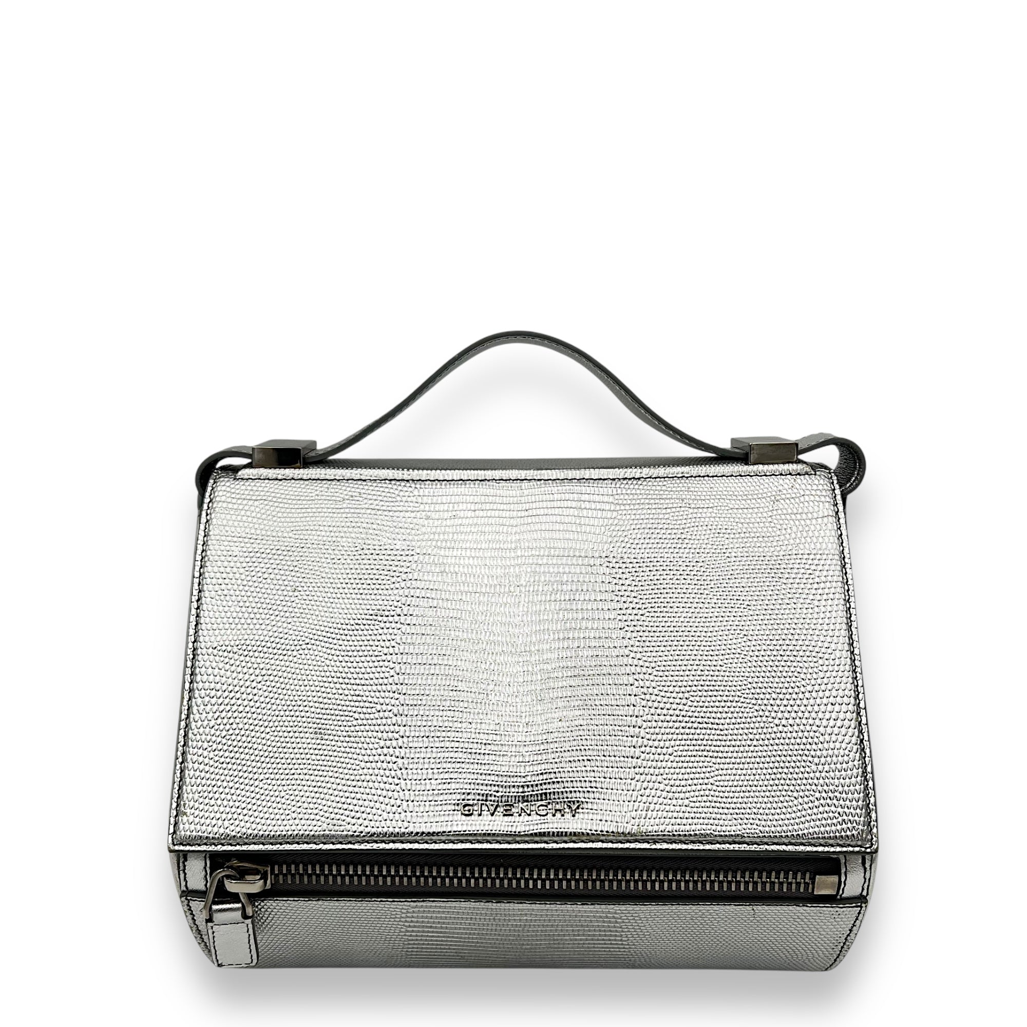 Pandora Box Medium Silver Crossbody Bag in Lizard Embossed Calfskin, Silver hardware