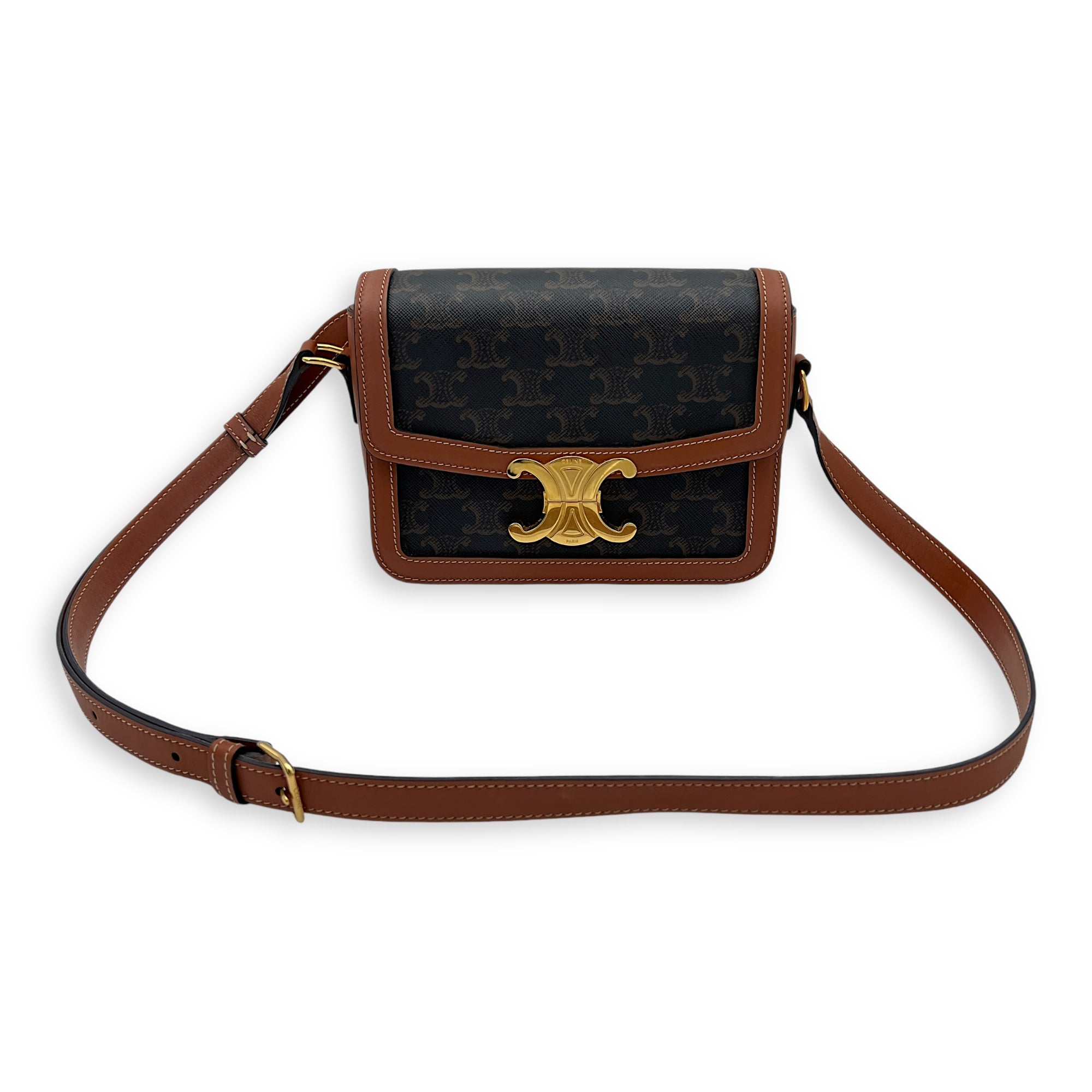 Triomphe Teen Brown Crossbody Bag in Coated Canvas, Gold hardware