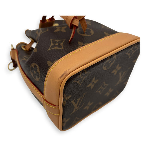 Noe Nano Brown Bucket Bag in Monogram Coated Canvas, Gold hardware