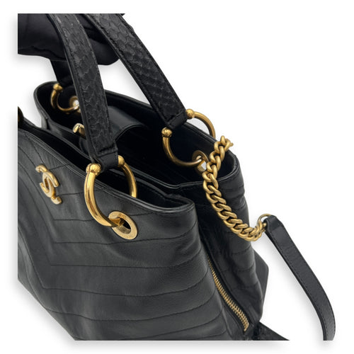 V Stitch Top Handle Bag Black in Calfskin, Gold hardware