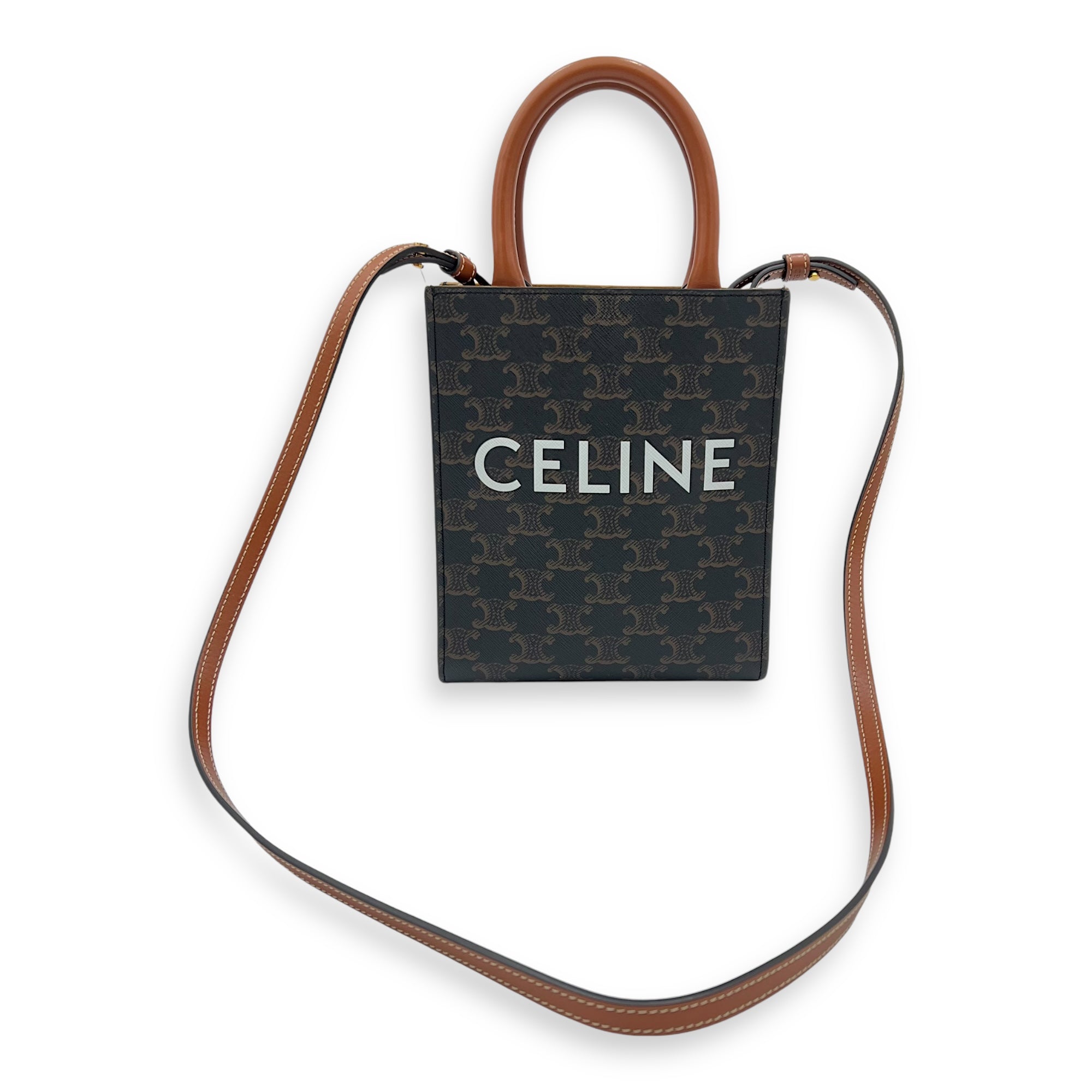 Celine Triomphe Mini Brown Top Handle Bag in Coated Canvas, Gold hardware_9