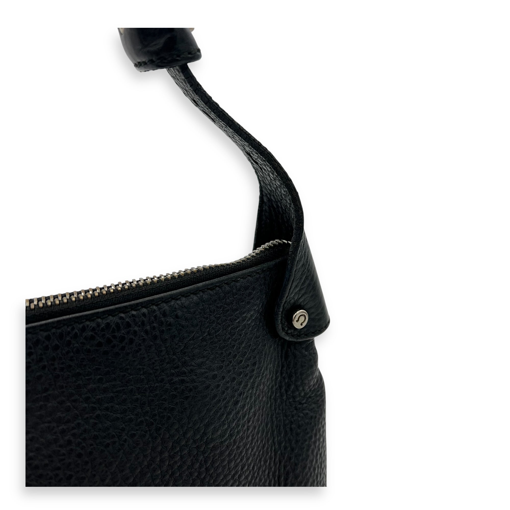 Salvatore Ferragamo Gancini Black Shoulder Bag in Calfskin, Silver hardware_9