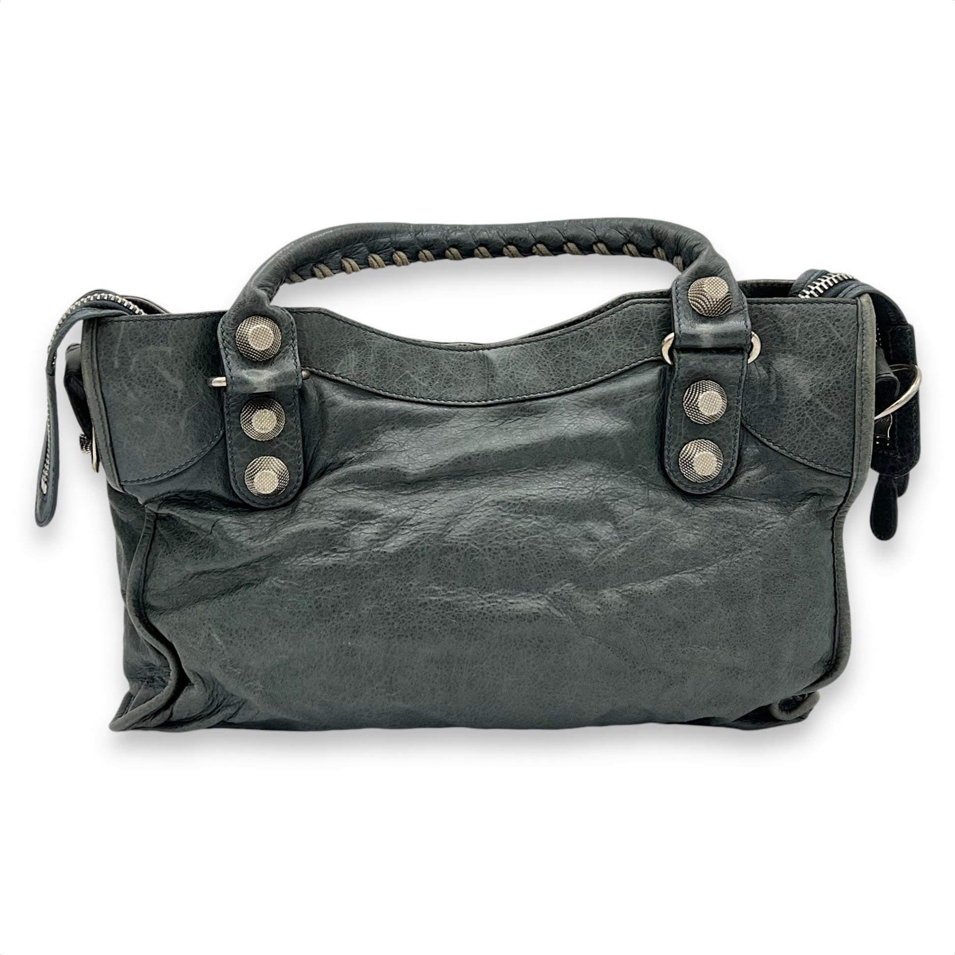 Balenciaga Giant City Medium Green Top Handle Bag in Distressed Leather, Silver hardware_2