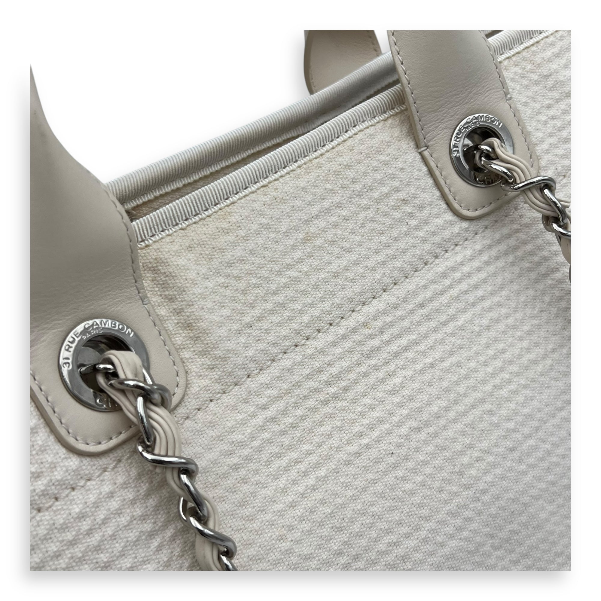 Chanel Deauville Tote Bag White in Canvas, Silver hardware_8