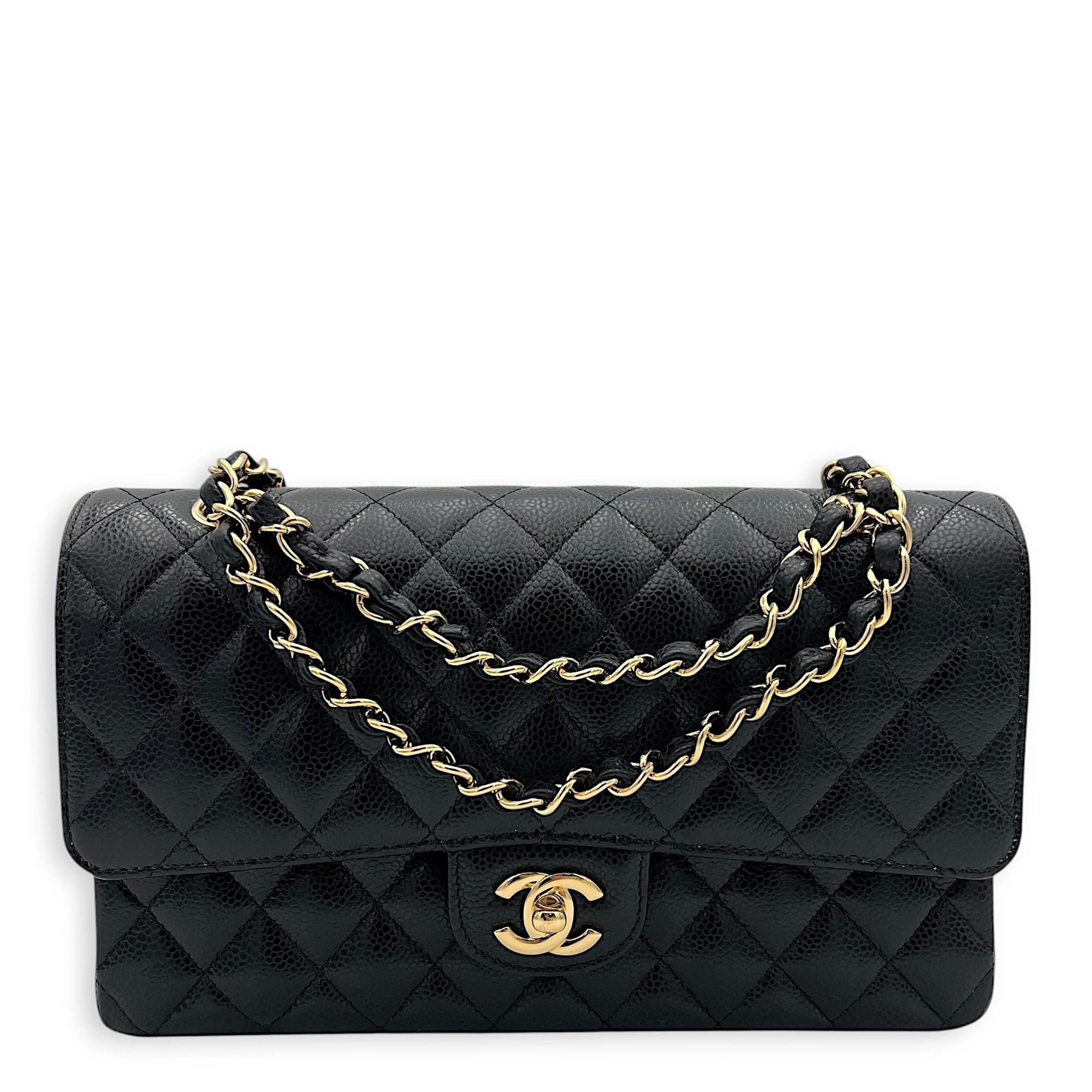 Classic Double Flap Medium Black Shoulder Bag in Caviar Leather, Gold hardware