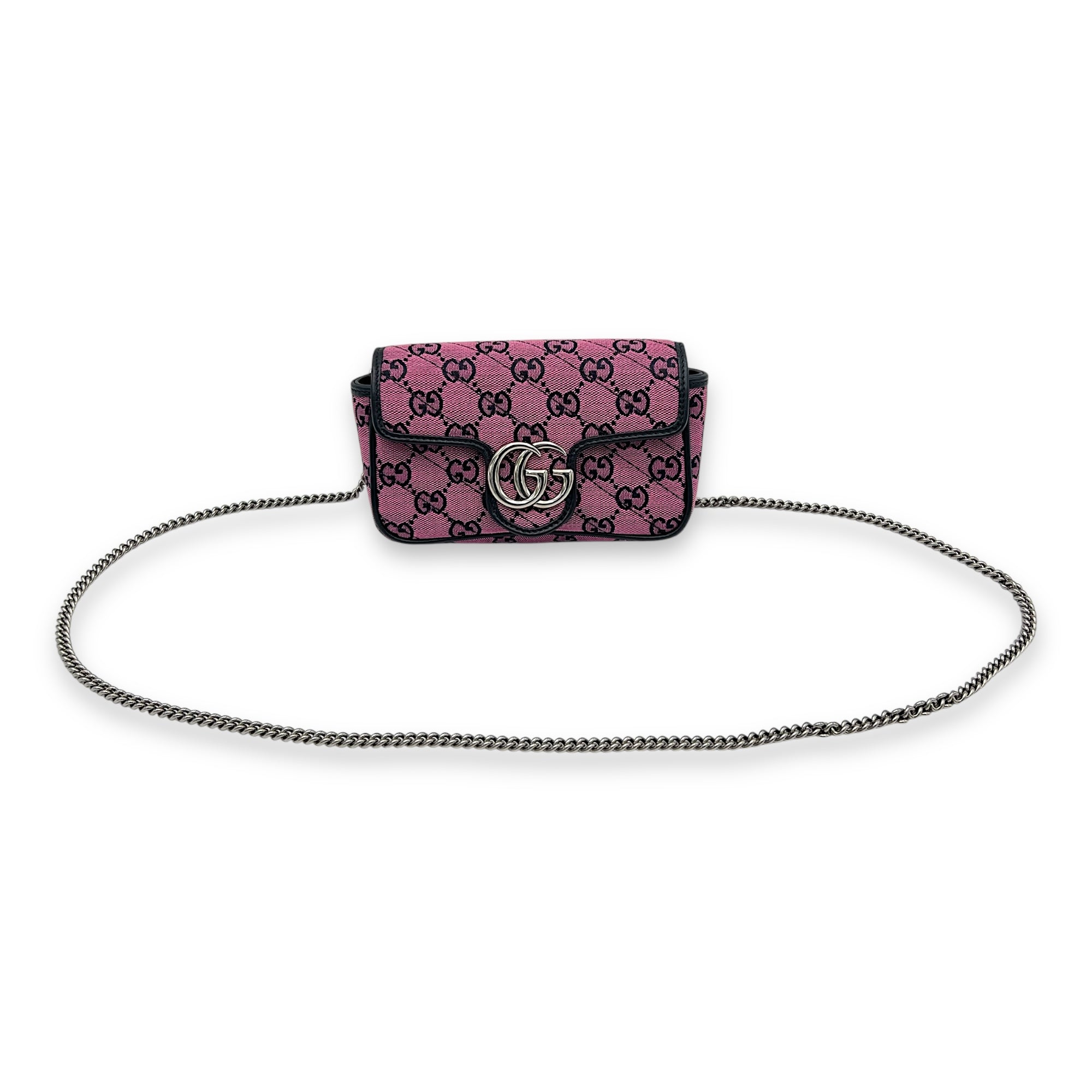 Gucci GG Marmont Super Mini Pink Crossbody Bag in Canvas, Silver hardware_8