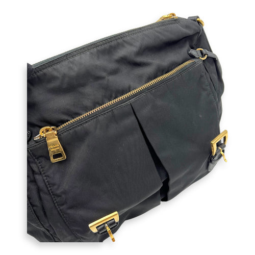 Prada Logo Messenger Black in Nylon, Gold hardware_8