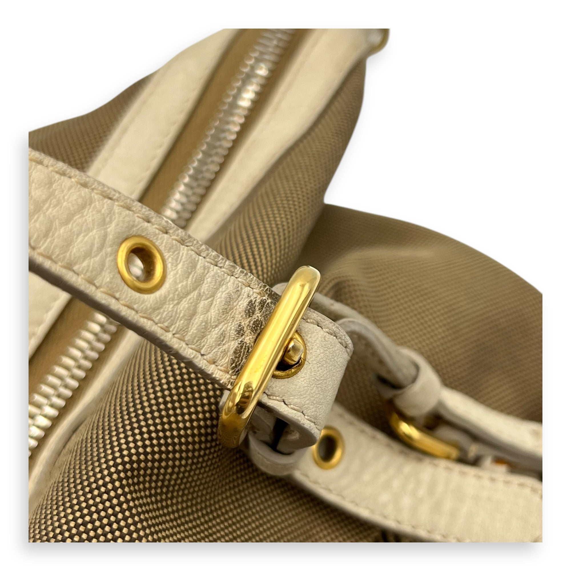 Prada Logo Tote Bag Beige in Canvas, Gold hardware_8