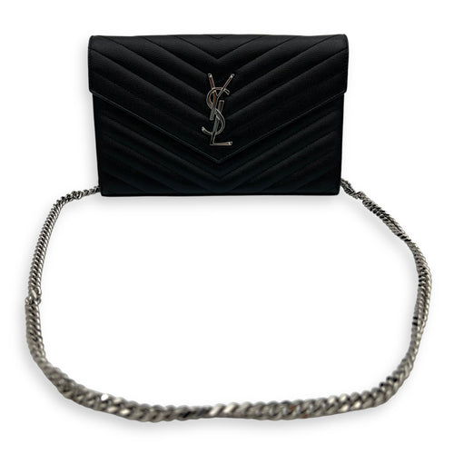 Saint Laurent Cassandre Wallet On Chain Black in Caviar Leather, Silver hardware_8