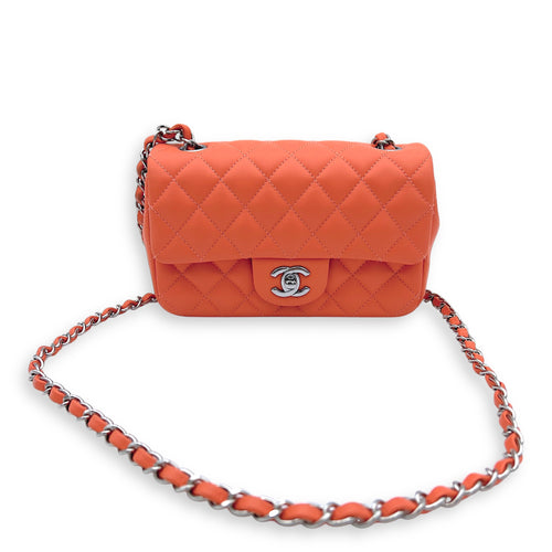 Chanel Mini Rectangle Shoulder Bag Orange in Lambskin, Silver hardware_8