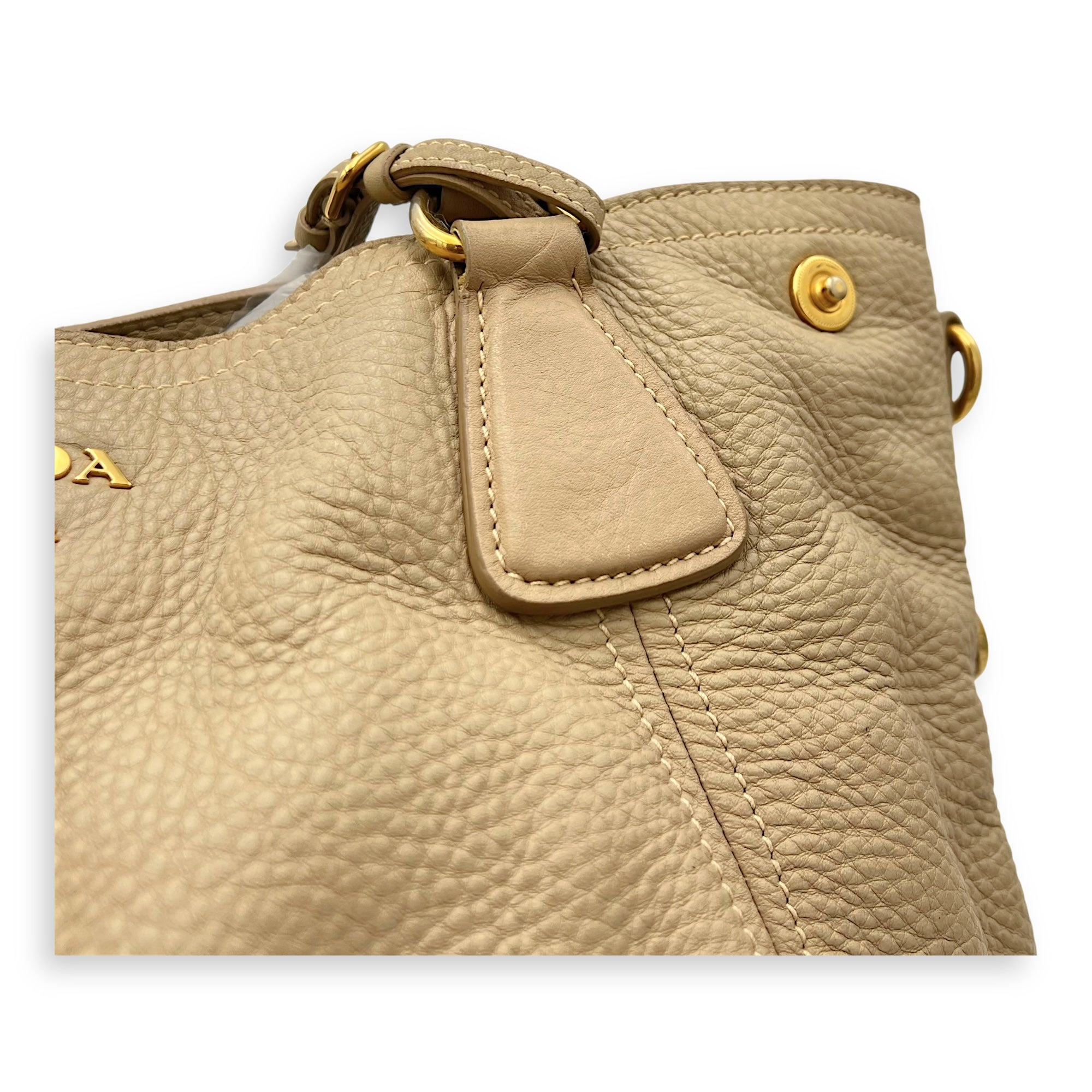 Prada Logo Top Handle Bag Beige in Calfskin, Gold hardware_8