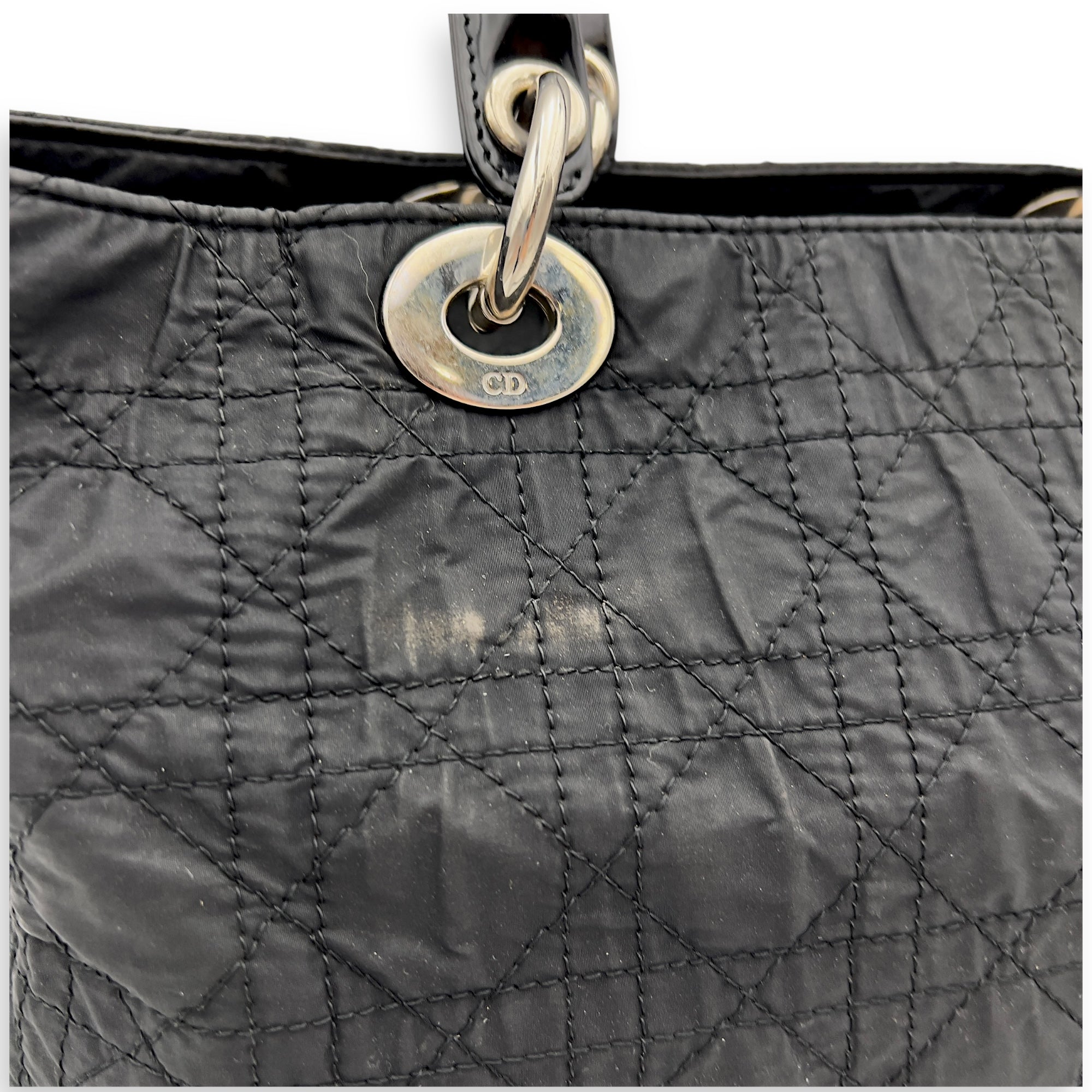 Christian Dior Lady Dior Black Top Handle Bag in Nylon, Silver hardware_8