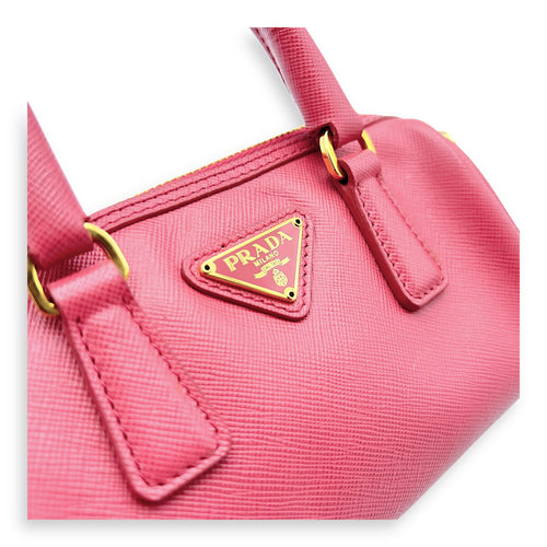 Prada Convertible Bowler Boston Mini Pink Top Handle Bag in Saffiano Leather, Gold hardware_8