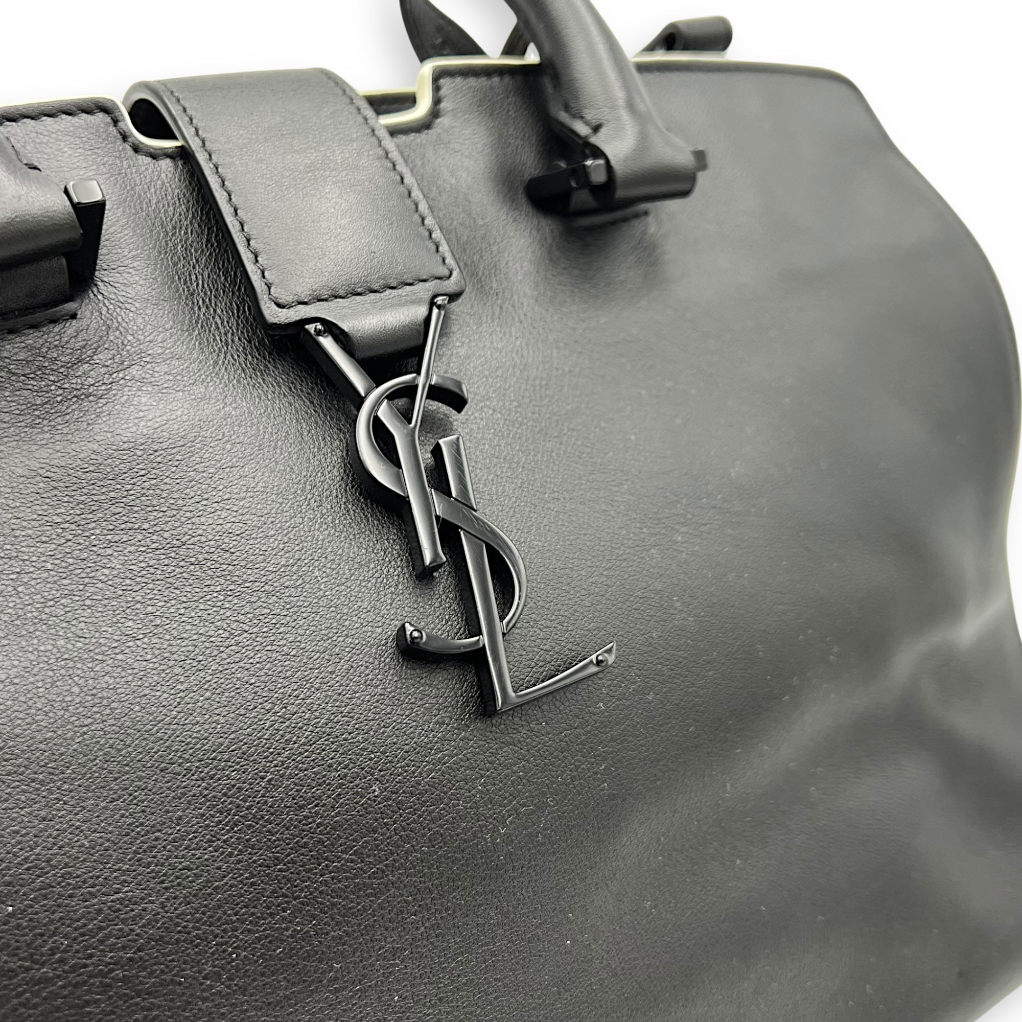 Saint Laurent Cabas Top Handle Bag Black in Calfskin, Silver hardware_8