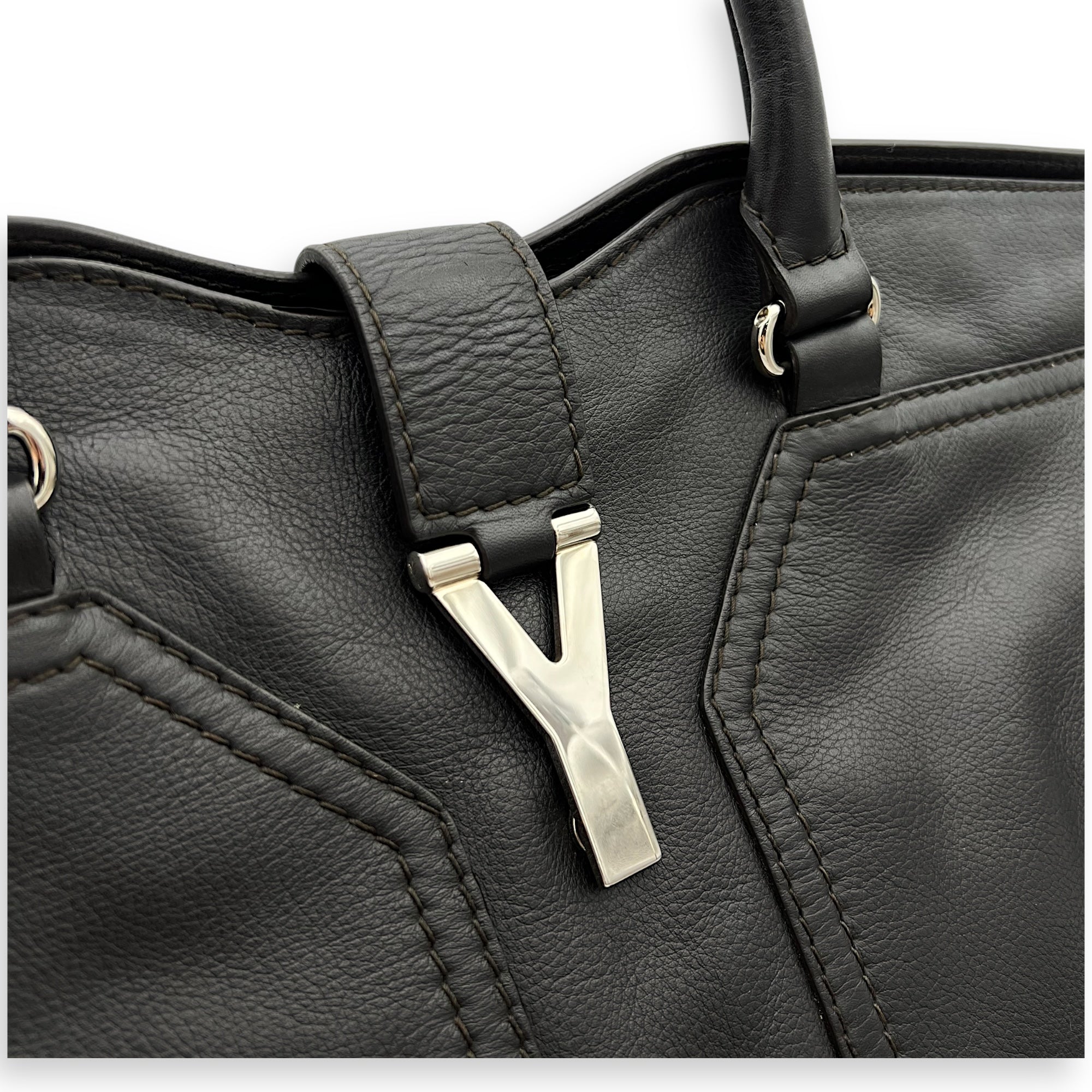 Saint Laurent Cabas Top Handle Bag Brown in Calfskin, Silver hardware_8