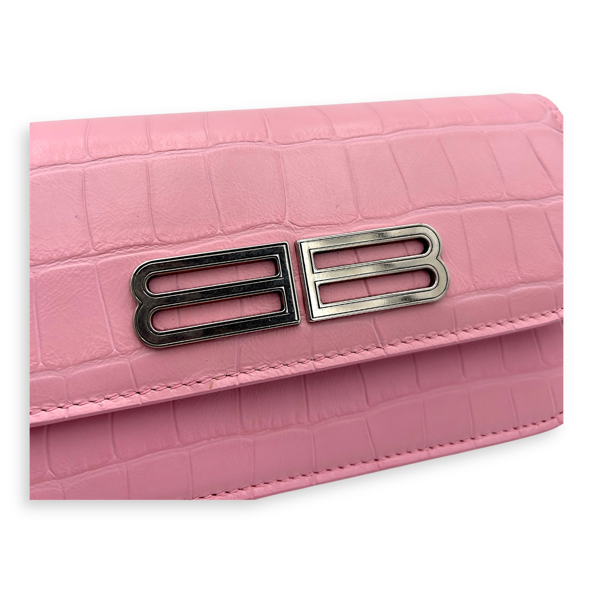 Balenciaga Gossip Pink Wallet On Chain in Crocodile Embossed Calfskin, Silver hardware_6