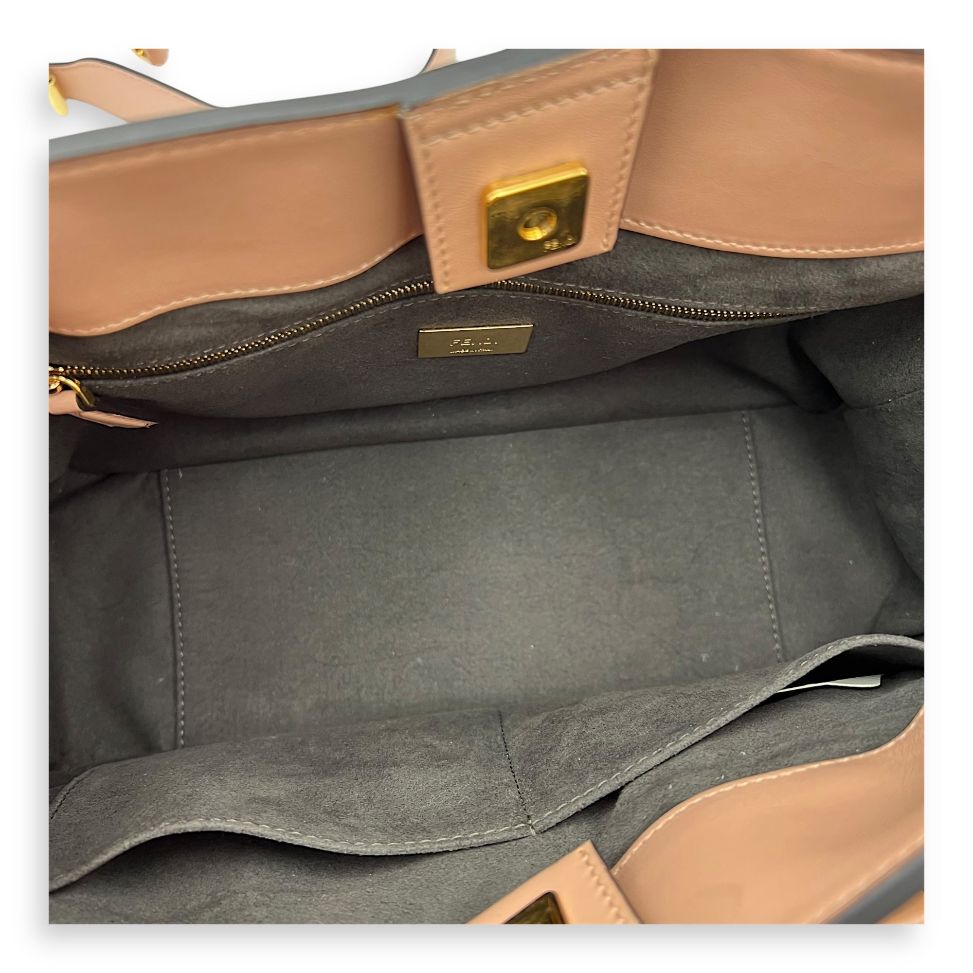 Fendi FF Logo Top Handle Bag Beige in Calfskin, Gold hardware_6