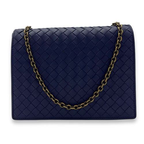 Bottega Veneta Intrecciato Wallet On Chain Blue in Calfskin, Gold hardware_8
