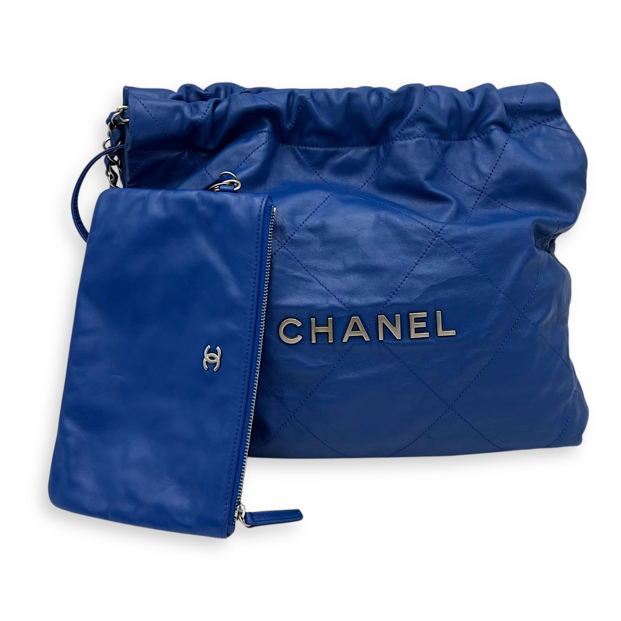 Chanel 22 Tote Shoulder Bag Blue in Calfskin, Silver hardware_8