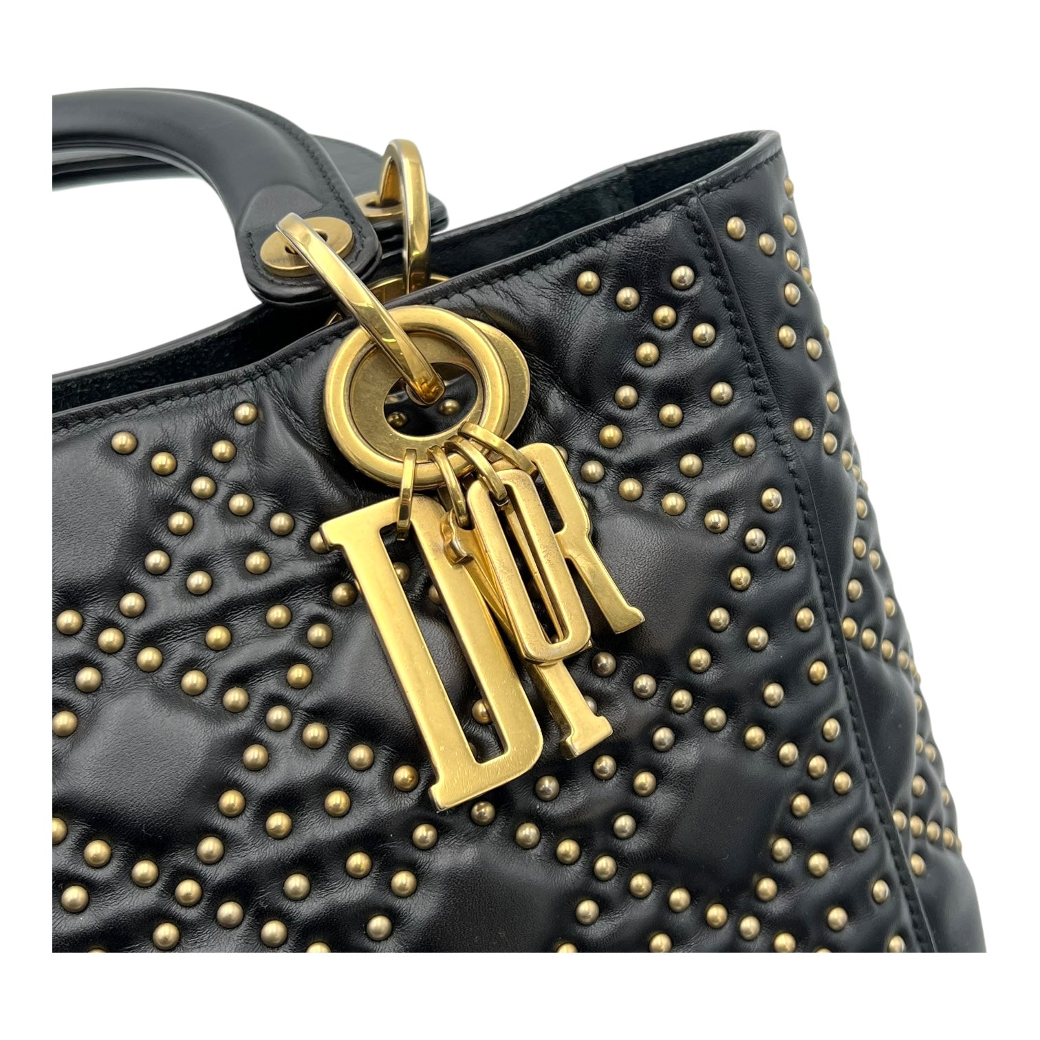 Christian Dior Lady Dior Top Handle Bag Black in Calfskin, Gold hardware_8