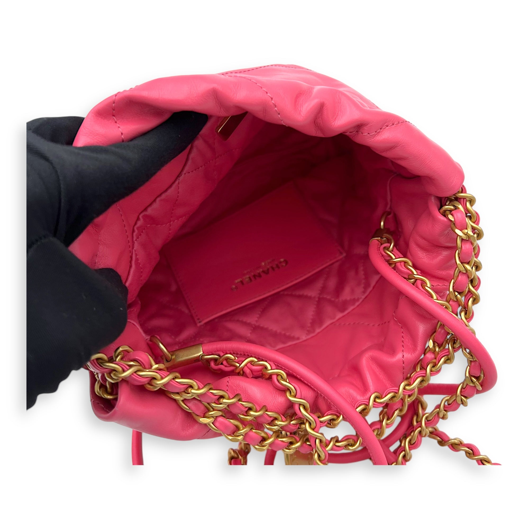 Chanel 22 Tote Crossbody Bag Mini Pink in Calfskin, Gold hardware_8