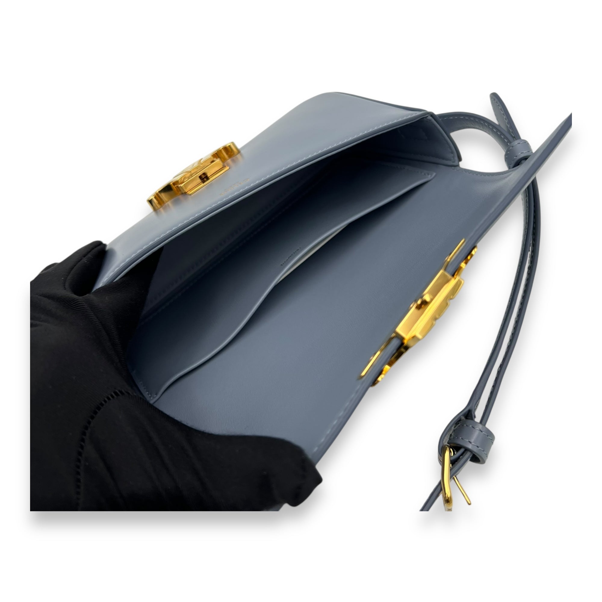 Celine Triomphe Shoulder Bag Blue Grey in Calfskin, Gold hardware_8