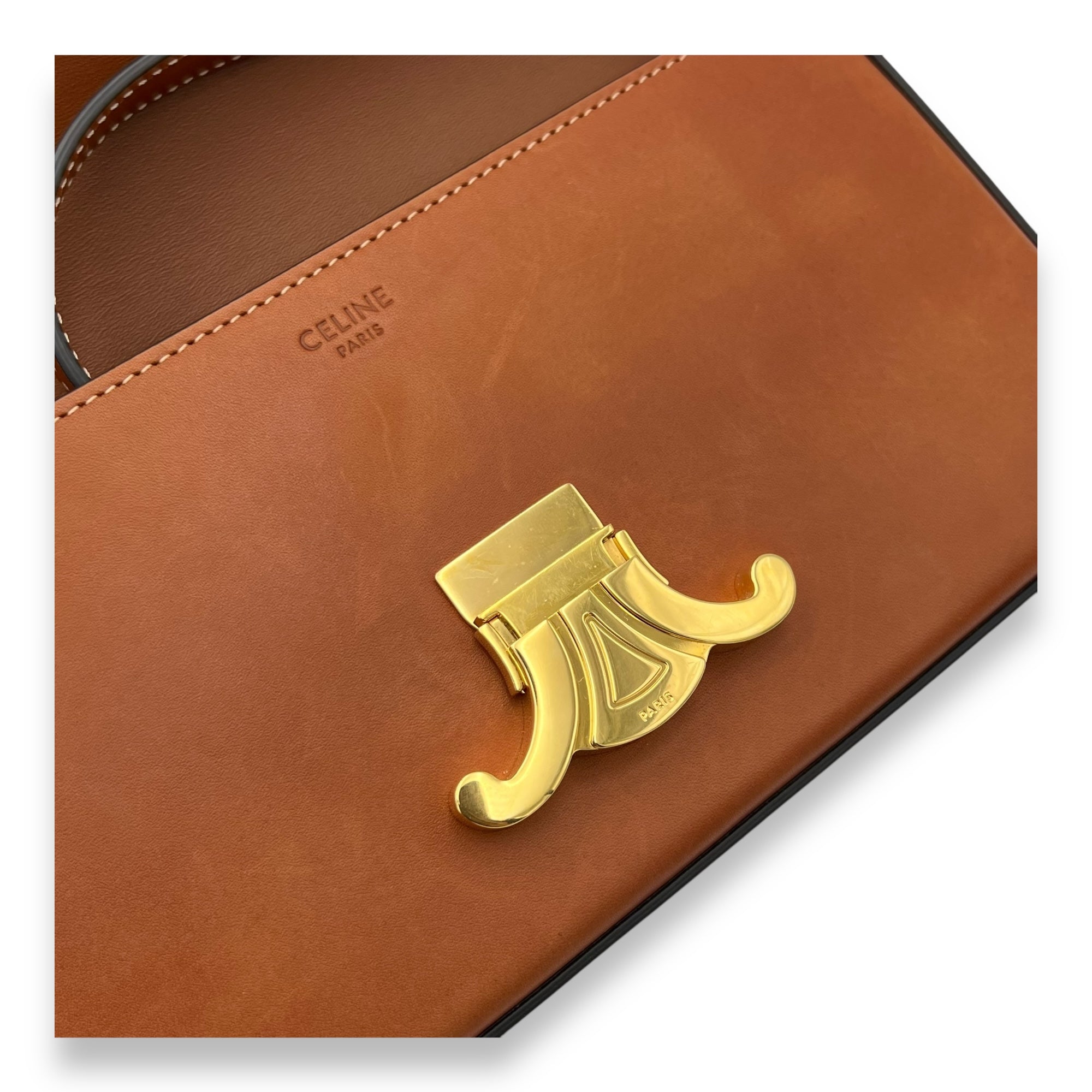 Celine Triomphe Shoulder Bag Brown in Calfskin, Gold hardware_8